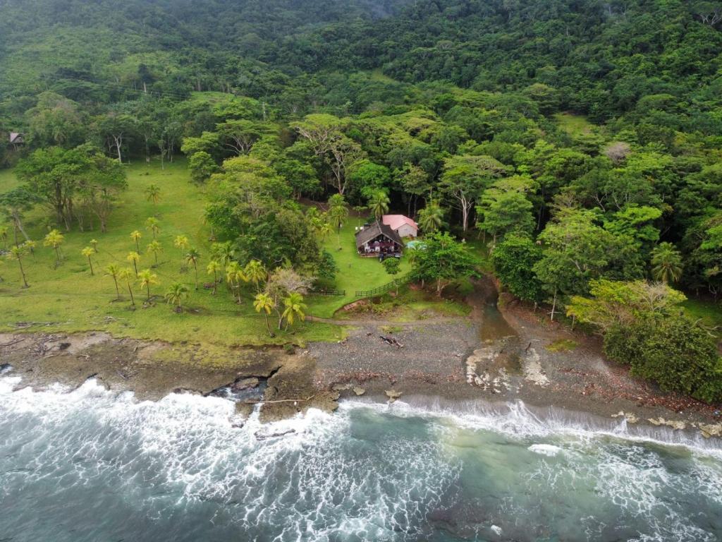 una vista aerea di una casa vicino all'oceano di El Hongo Finca Hostal / Camping a Capurganá