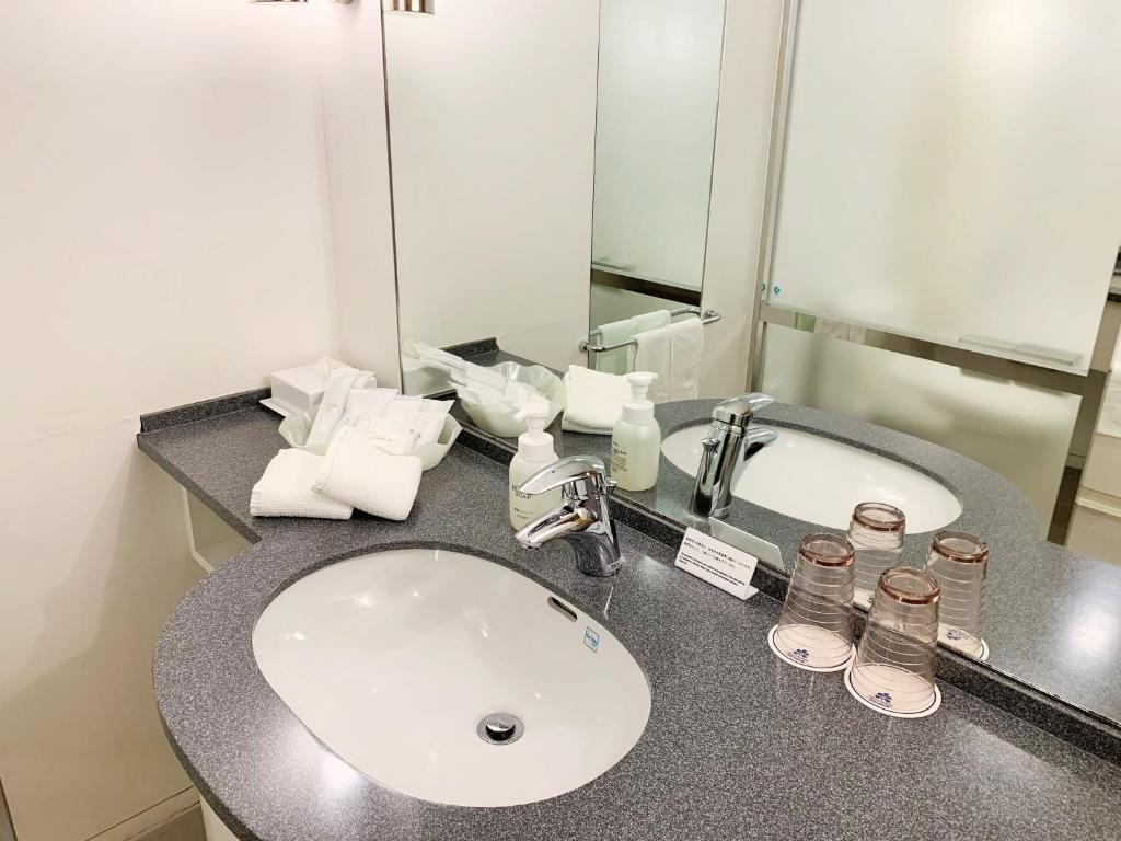 a bathroom counter with a sink and a mirror at Hotel Nikko Niigata in Niigata