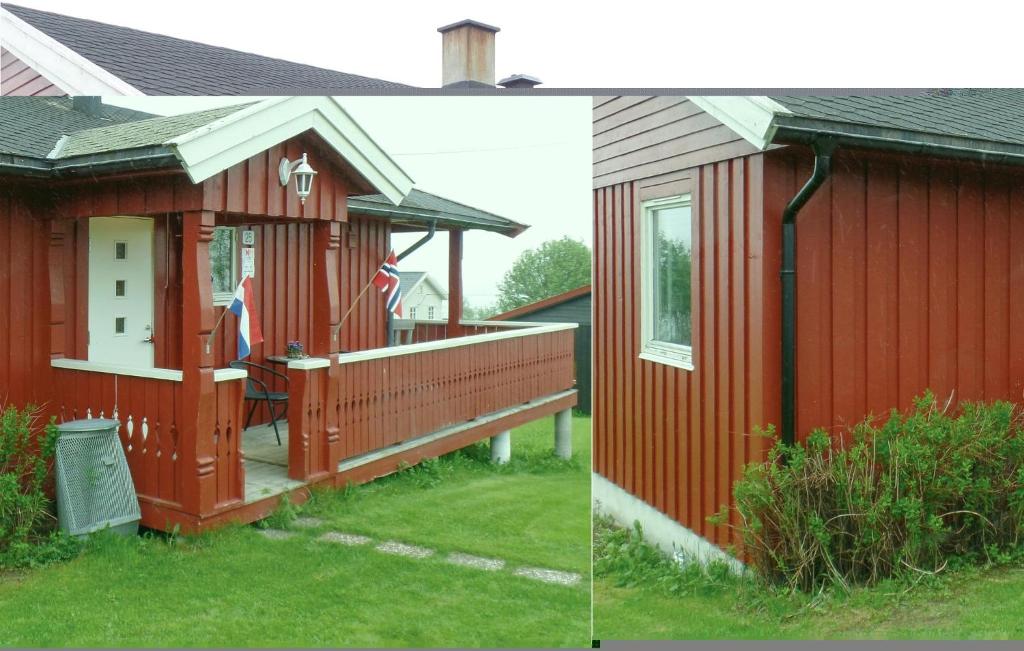 een rood huis met een veranda en een terras bij Gorgeous Home In Svingvoll With Wifi in Svingvoll