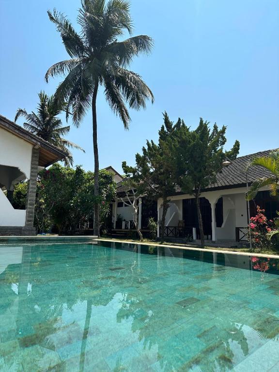 a swimming pool in front of a house with a palm tree at The Confidential Mandalika in Kuta Lombok