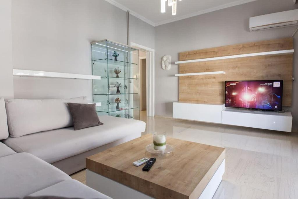 Modern Luxury 2 Bedroom Apt in Agios Dimitrios في أثينا: غرفة معيشة مع أريكة وتلفزيون