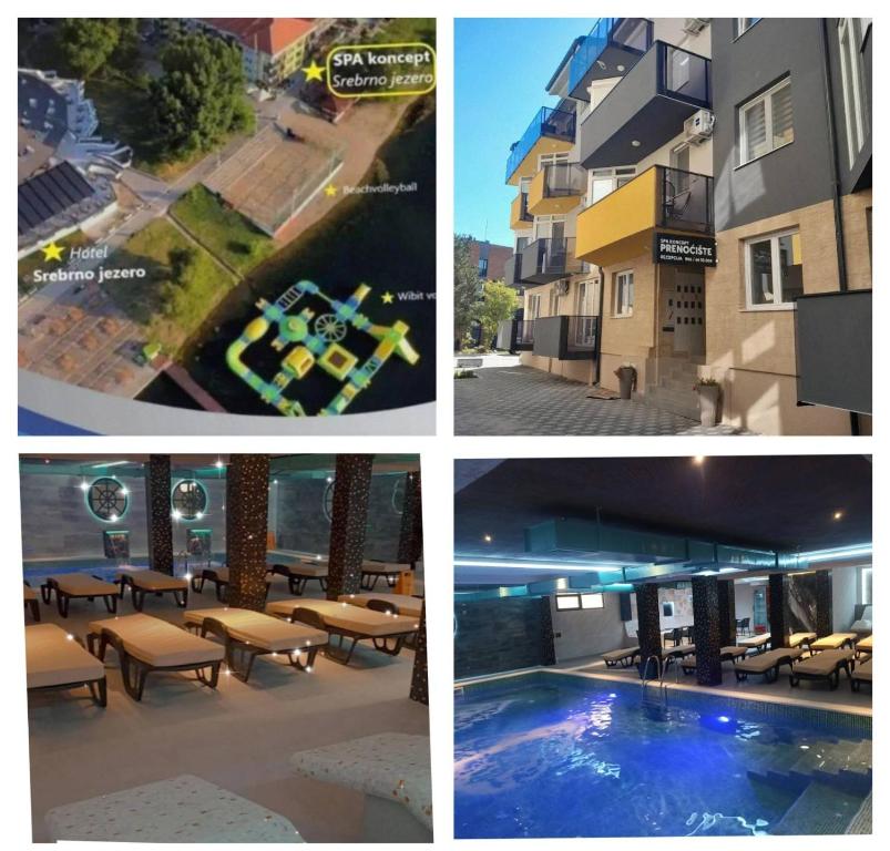 uma série de quatro imagens de um edifício com piscina em Spa Koncept-Apartmani em Veliko Gradište
