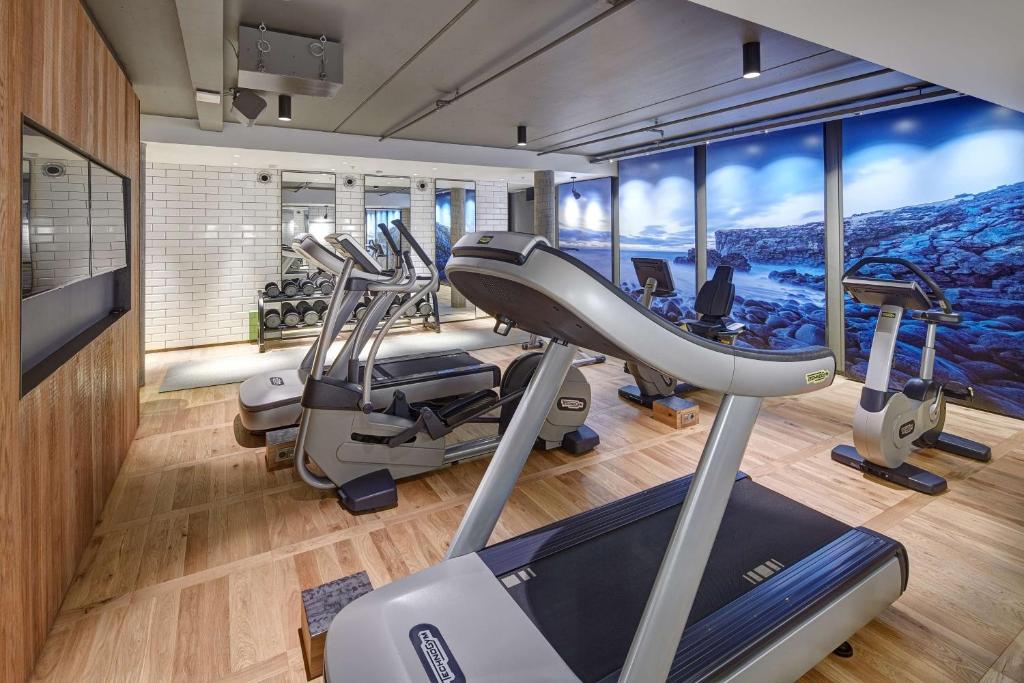 a gym with cardio machines and a large window at Canopy by Hilton Reykjavik City Centre in Reykjavík