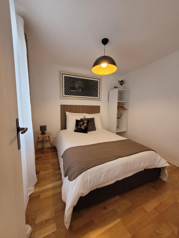 um quarto com uma cama e uma luz pendente em Les jardins du Carrousel - Chambre privée aménagée en T2 em Noisy-le-Grand
