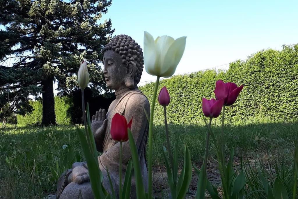 a statue sitting in the grass with flowers at Maison de maître parc privé proche Crest et Drôme. in Crest