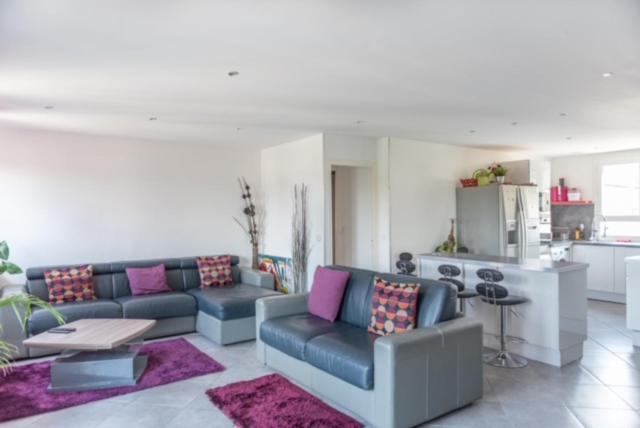 ein Wohnzimmer mit einem Sofa und einer Küche in der Unterkunft Appartement Fuychaa Proche de Lyon , Eurexpo , stadium , Aréna in Meyzieu
