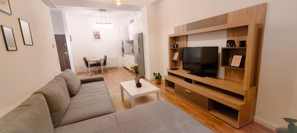 a living room with a couch and a flat screen tv at Apartament Calea Moldovei Residence - minibar si parcare GRATIS in Bistriţa