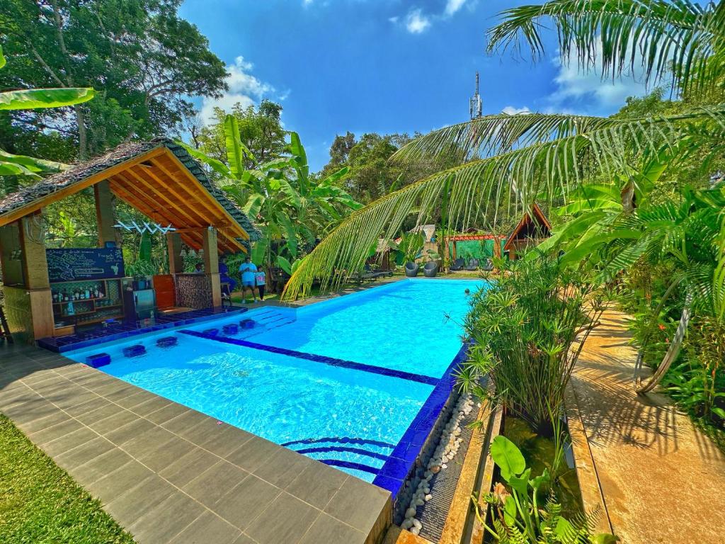 una gran piscina azul junto a una casa en Palmyra Nature Resort Sigiriya en Sigiriya