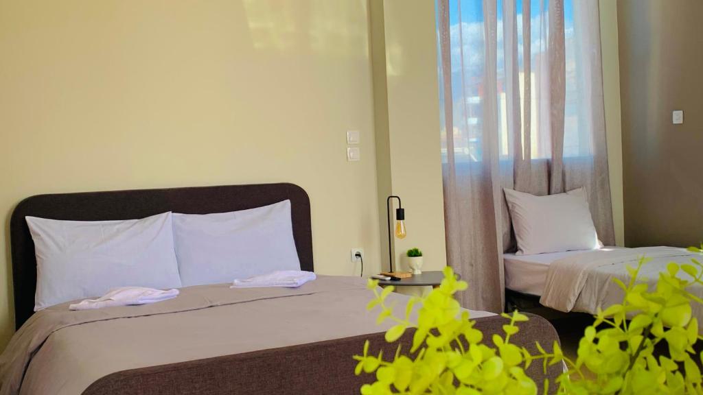 um quarto de hotel com duas camas e uma janela em City view apartments 1 em Serres