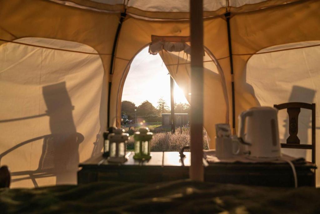 Tienda con vistas al campo a través de una ventana en Seascape Belle Tent - 2 Person Luxury Glamping Belle Tent, en Dungarvan