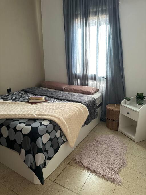 a bedroom with a bed and a window with a rug at Apartamento de 2 habitaciones Sant Andreu in Barcelona