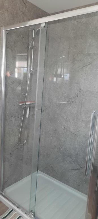 y baño con ducha y puerta de cristal. en Abernethy Apartment 2 en Glasgow