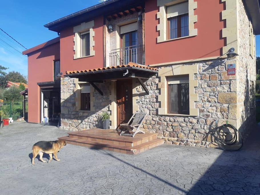 a dog walking in front of a building at Casa Pasiega in Renedo de Piélagos