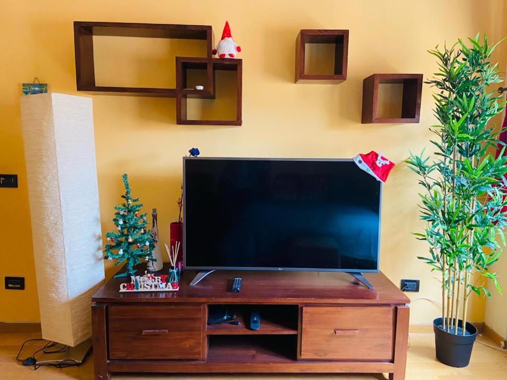 a living room with a television and a christmas tree at Casina di ZiaMar in Rome
