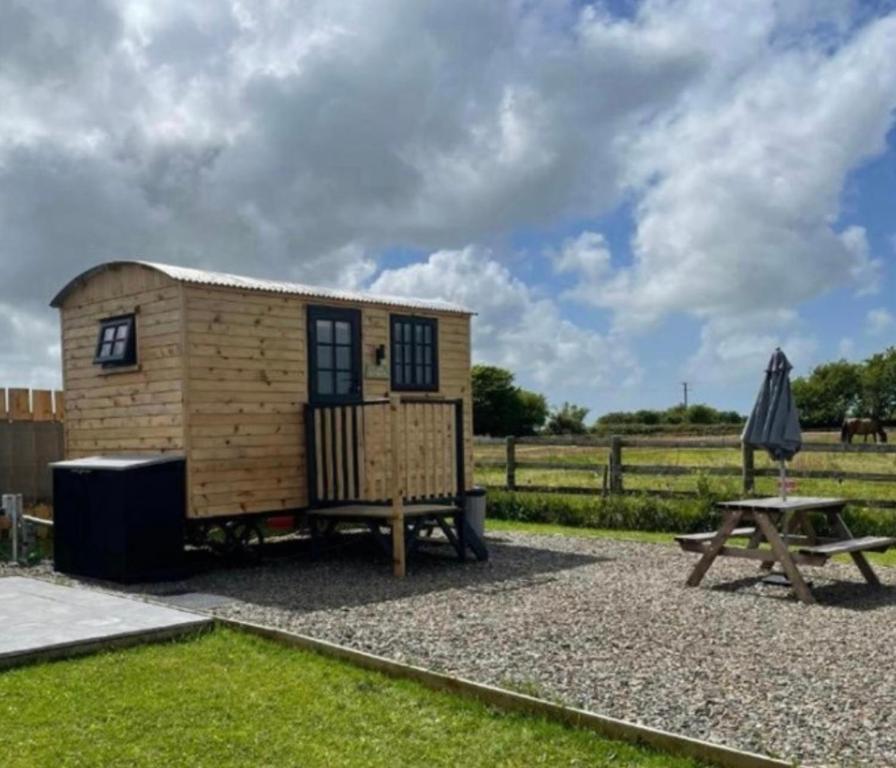 Cabaña pequeña con mesa de picnic y sombrilla en On the Moor Shepherds Huts, en Bodmin