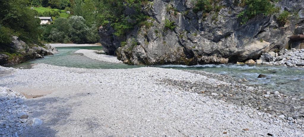 a river with a rocky shore with a mountain at Apartma Trebušca in Dolenja Trebuša