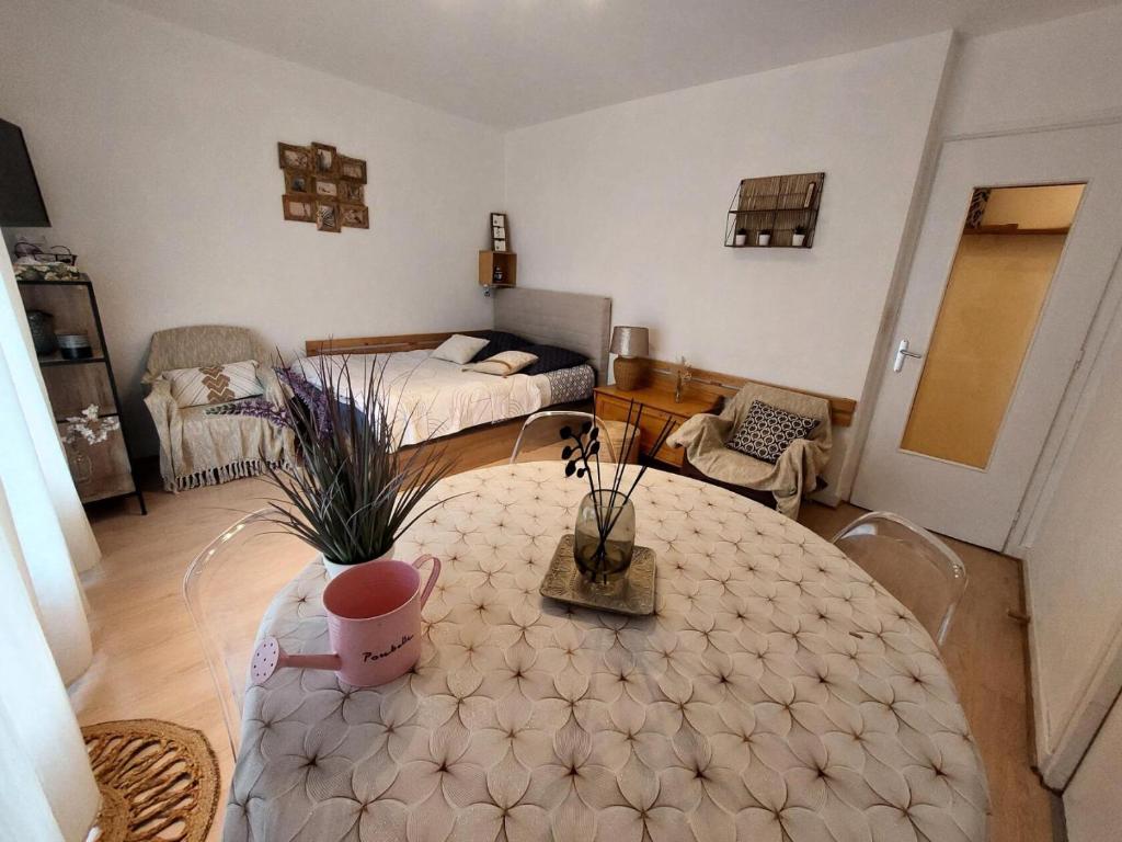 uma sala de estar com uma mesa e uma cama em Résidence Montcalm D - Studio pour 3 Personnes 704 em Aix-les-Bains
