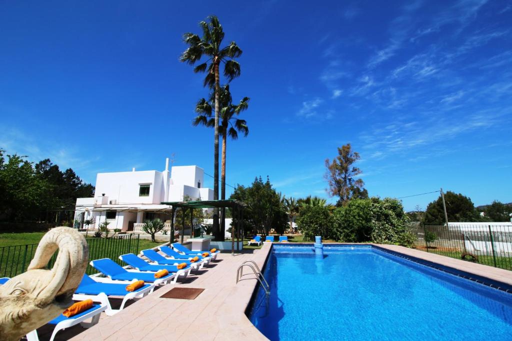 una piscina con sedie a sdraio e una palma di Villa Carvi a Baia di Sant'Antoni