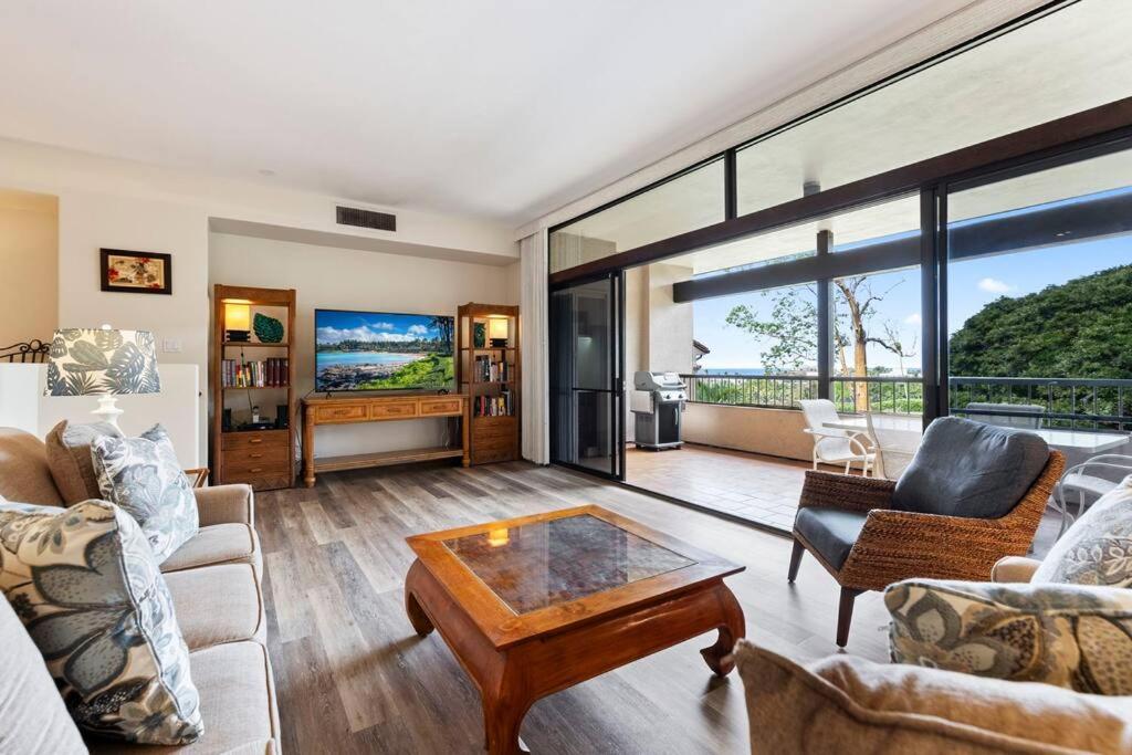a living room with a couch and a coffee table at Kaanapali Royal Q302-Oceanview spacious 2 bedroom Kaanapali Royal gem in Lahaina