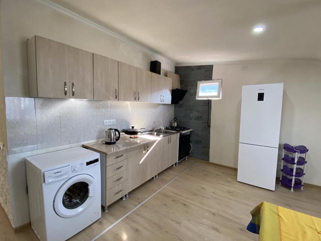 een keuken met een wasmachine en een koelkast bij Marita in Batoemi