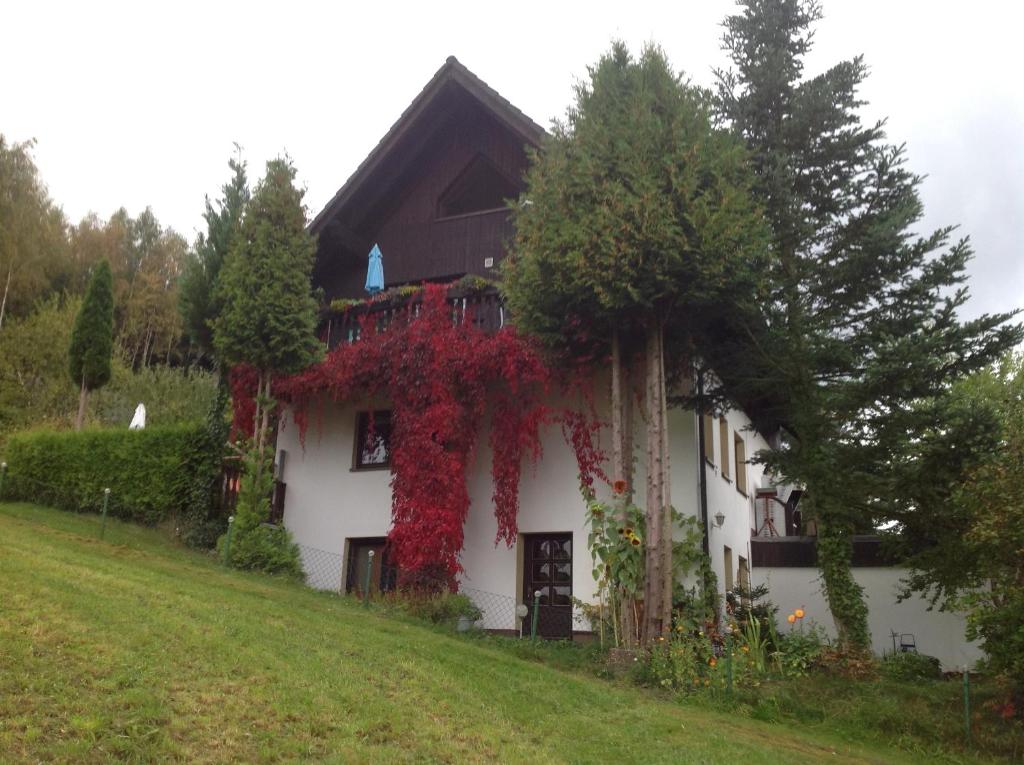 una casa con hiedra roja a un lado. en Waldblick, en Tannenberg