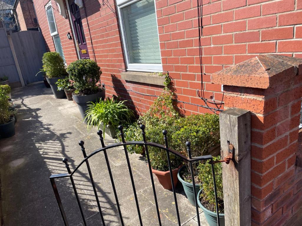 a wrought iron fence with potted plants next to a brick building at Protea Homestay in Manchester