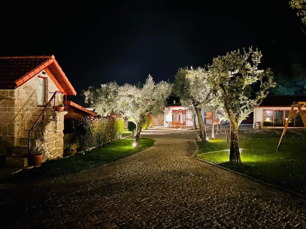 a night scene of a driveway with trees and a house at Penedo Village in Marco de Canaveses