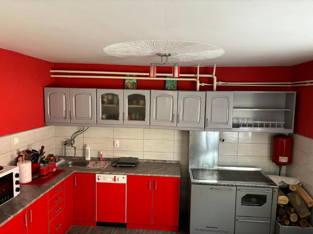 uma cozinha com armários vermelhos e uma parede vermelha em Vila Tosic em Aleksandrovac
