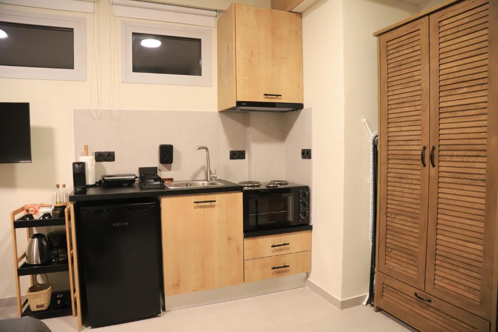 a kitchen with a black refrigerator and a microwave at Cruzeto in Syvota