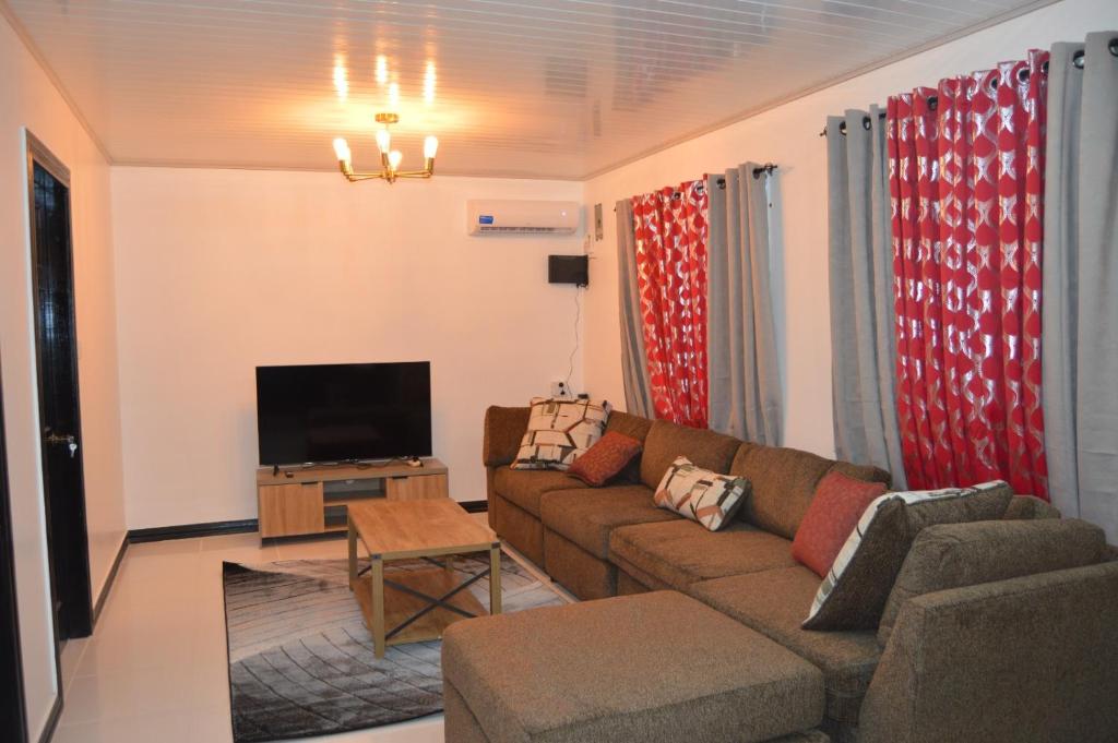 ein Wohnzimmer mit einem Sofa und einem TV in der Unterkunft Cozy & Central 2 Bedroom Apt in Georgetown