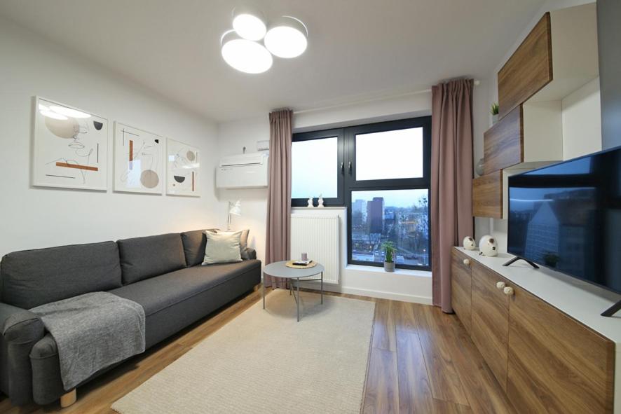 ein Wohnzimmer mit einem Sofa und einem großen TV in der Unterkunft Apartament Wrocław in Breslau