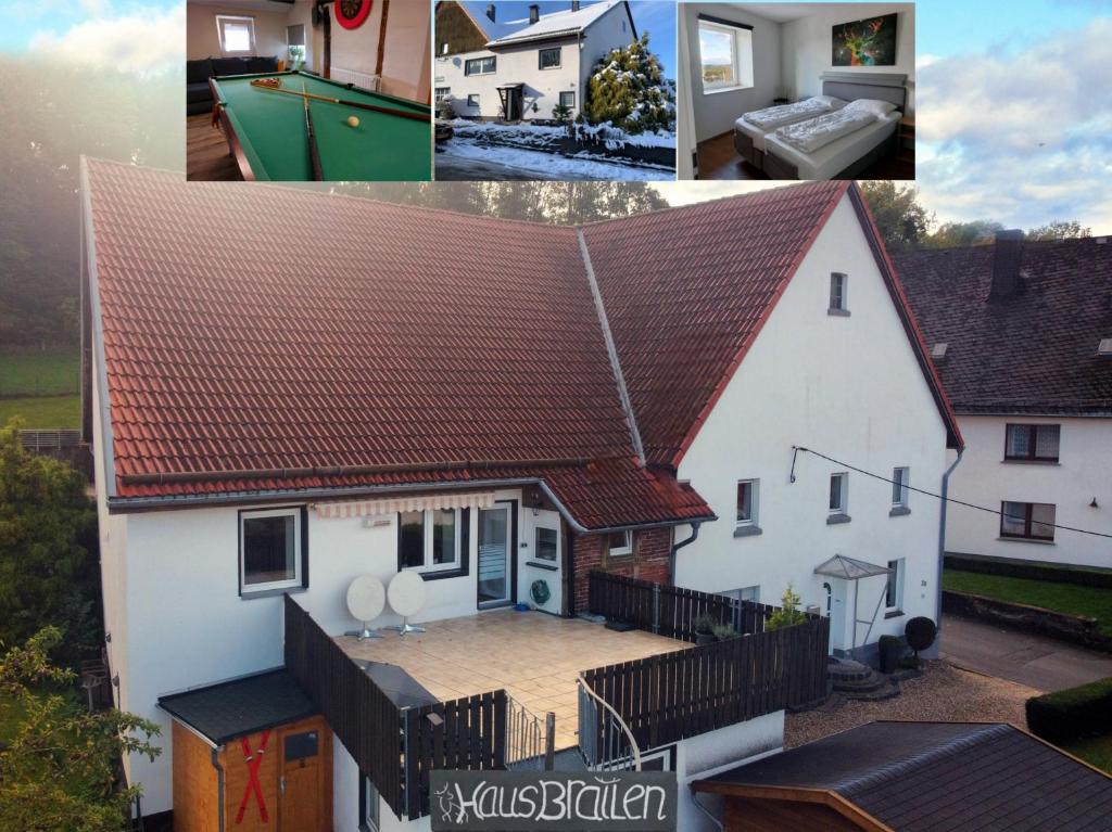 een collage van foto's van een wit huis met een rood dak bij Ruime en gezellige vakantiewoning Brilon Alme Sauerland met terras en uitzicht in Brilon