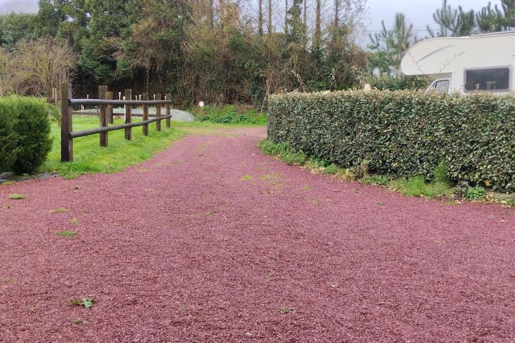 a dirt road next to a hedge and a fence at Gite de la longue fosse in Mandeville-en-Bessin