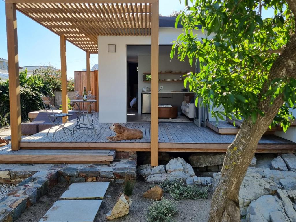 a cat sits on the deck of a house at Quaint Cottage in Hermanus