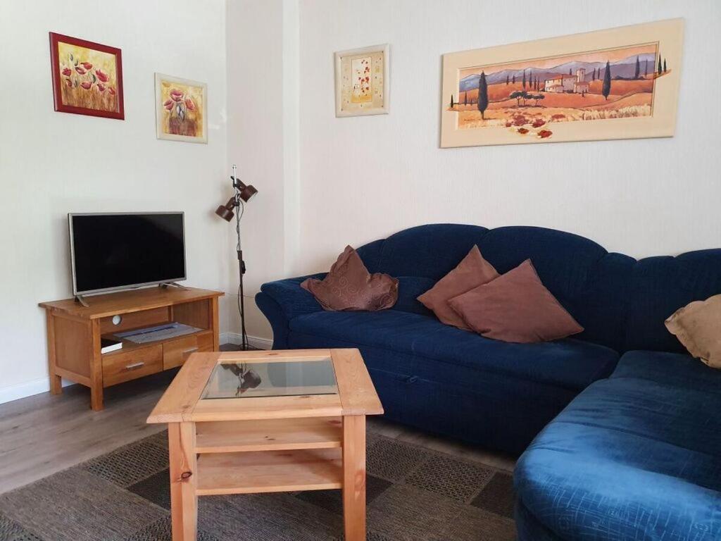 ein Wohnzimmer mit einem blauen Sofa und einem Tisch in der Unterkunft Holiday apartment Lenz in Kröv