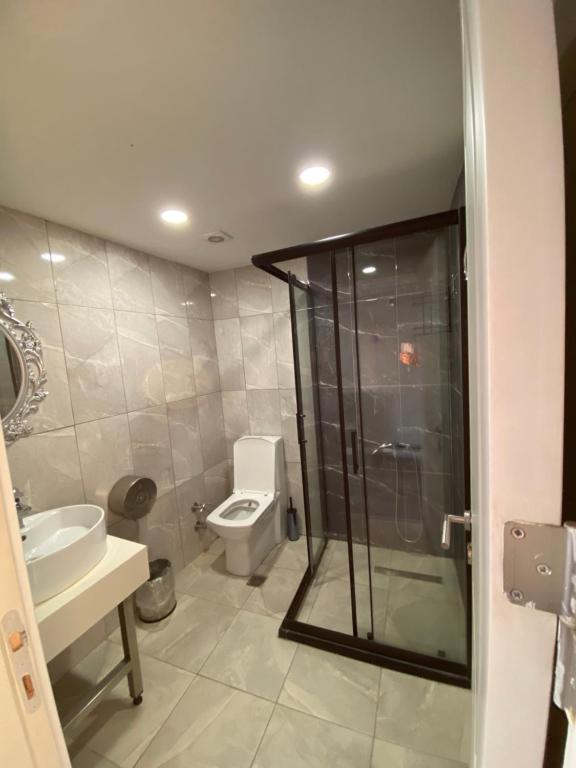a bathroom with a shower and a toilet and a sink at YALI HOUSE in Istanbul