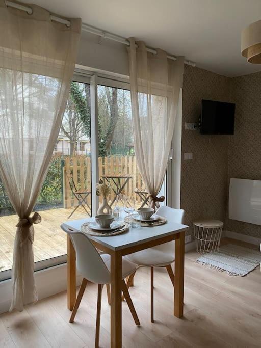 une salle à manger avec une table et des chaises et une fenêtre dans l'établissement Studio avec terrasse, à Dijon