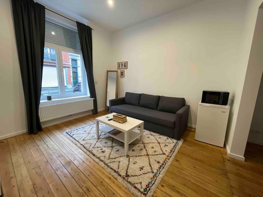 uma sala de estar com um sofá e uma mesa de centro em studio indépendant sans cuisine - Le coin cosy avec WIFI em Bruxelas