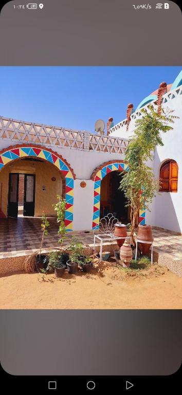 Najâ€˜ al MadÄbb的住宿－Nuba life Mostafa Guesthouse，一座拱门建筑和一座种植了植物的庭院