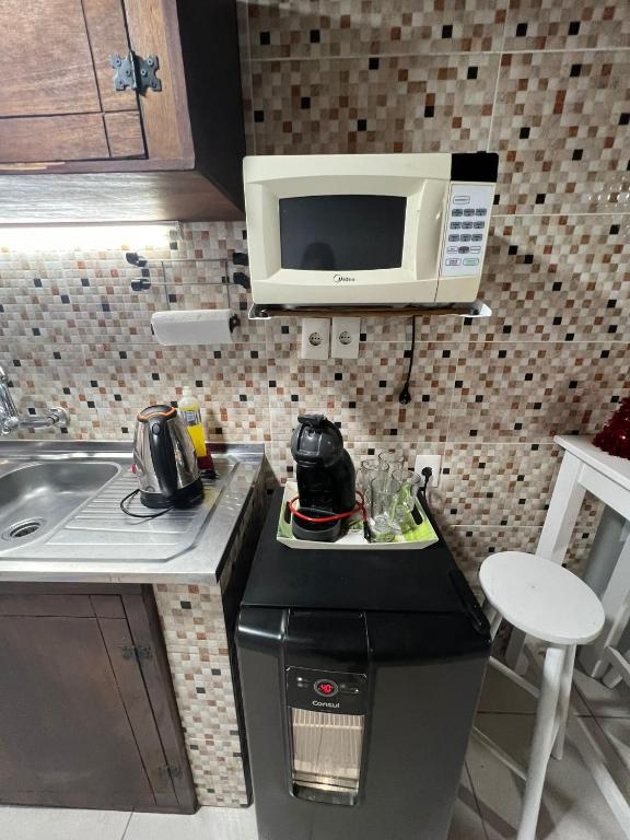 uma pequena cozinha com um micro-ondas e um lavatório em Monoambiente Freyja em Chuy