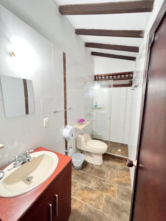 a bathroom with a sink and a toilet at GREEN DOOR HOSTEL BOUTIQUE in San Gil