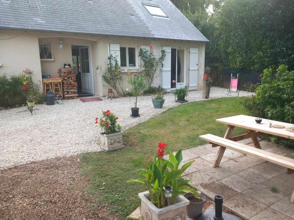 a backyard with a picnic table and a house at Le Sapin Parasol - Maison pour 7 pers. in Lussault-sur-Loire