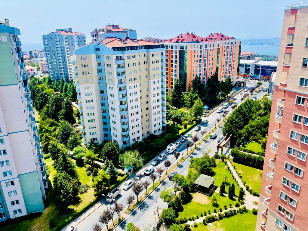 an aerial view of a city with tall buildings at Beautiful Apartment for rent in Beylikduzu