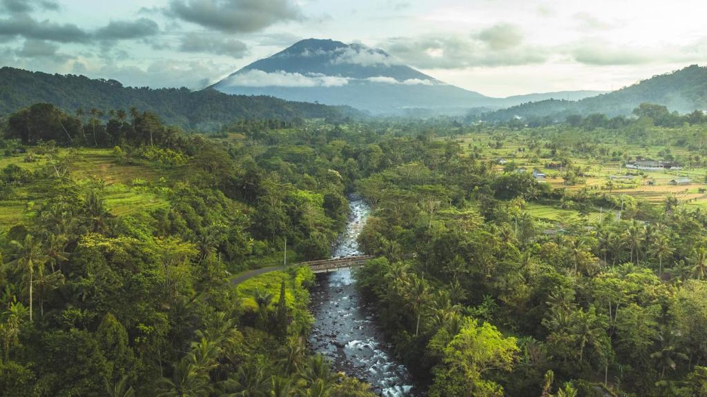 - une vue aérienne sur une rivière et une montagne dans l'établissement Darmada Eco Resort, à Sidemen