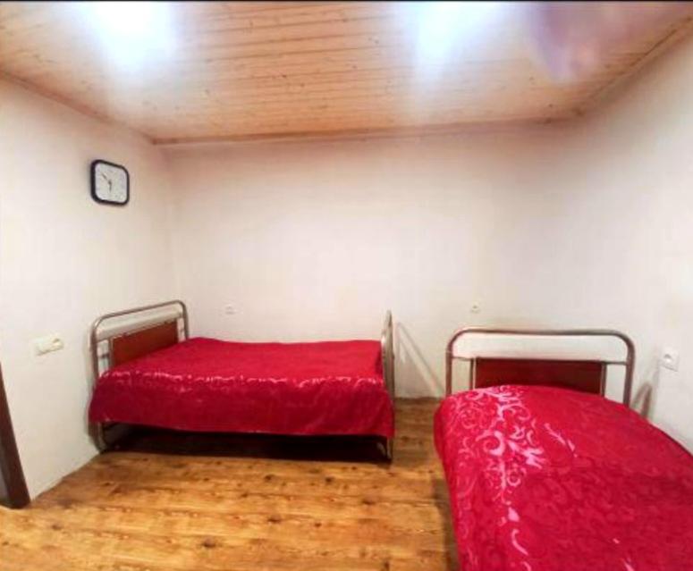 Hostel in Katskhi في Katsʼkhi: سريرين في غرفة مع ملاءة حمراء