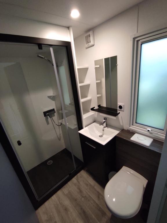 a bathroom with a toilet and a shower and a sink at Family&#39;s Camping Le Savoy in Challes-les-Eaux