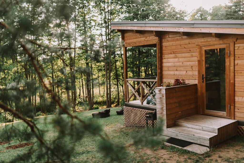 mały drewniany domek w środku lasu w obiekcie Miško kraštas w mieście Vileikiai