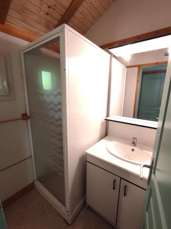 a bathroom with a shower and a sink at Family&#39;s Camping Le Savoy in Challes-les-Eaux