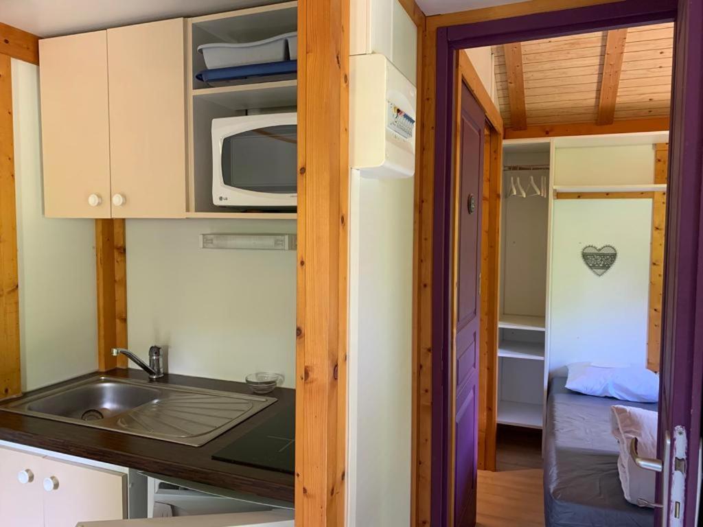 a kitchen with a sink and a microwave at Family&#39;s Camping Le Savoy in Challes-les-Eaux