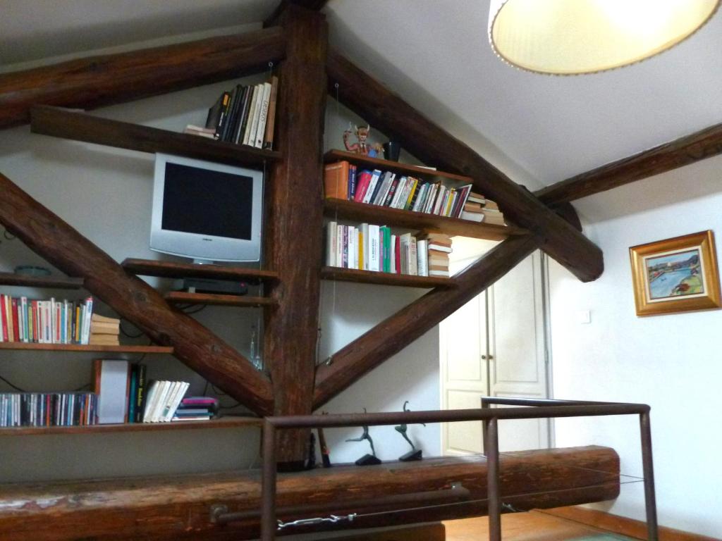 sala de estar con TV y estanterías de libros en Duplex 120m2 Central Comédie Corum Climatisation Parking, en Montpellier